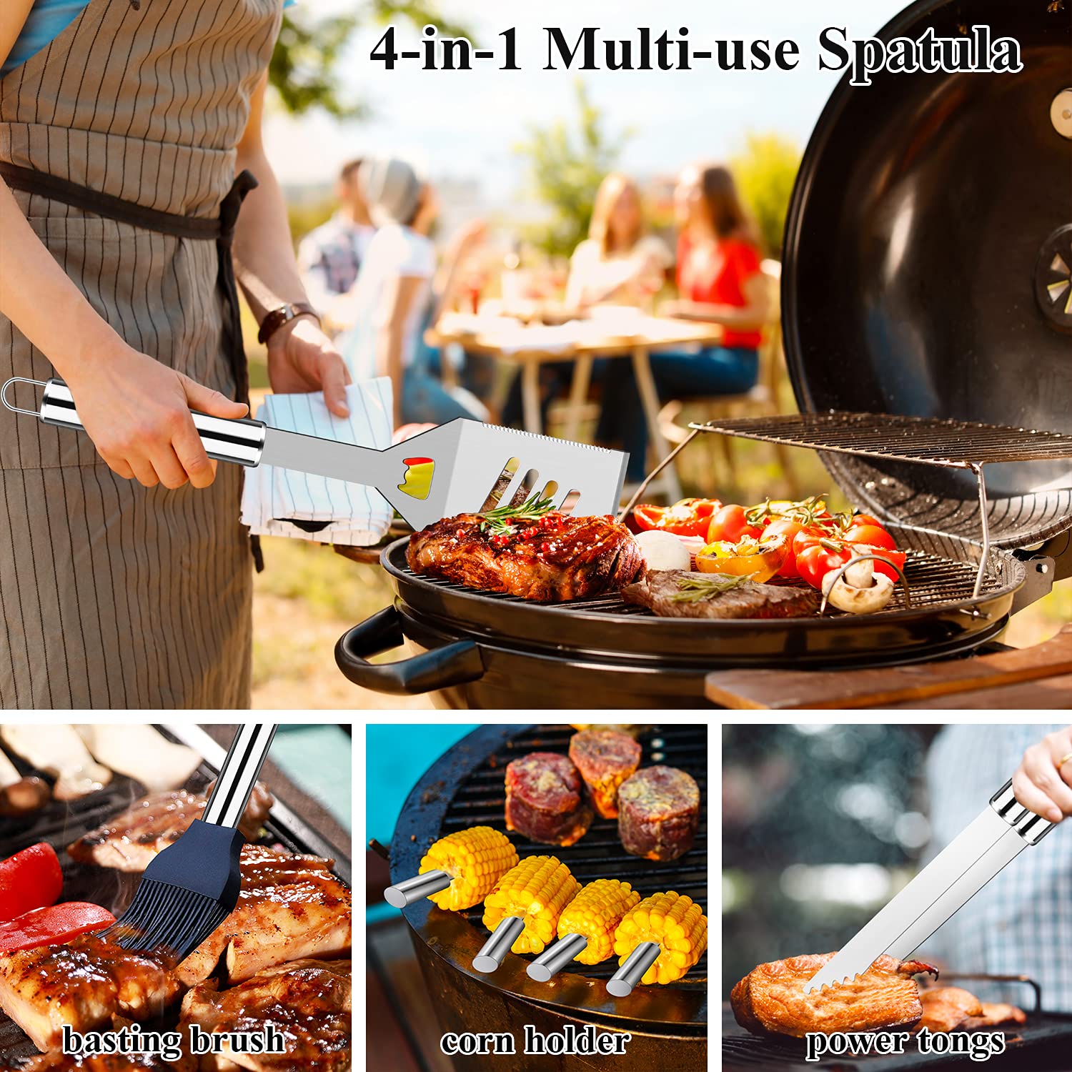 ROMANTICIST grilling in use with spatula and tongs showing safe long-handled reach benefit