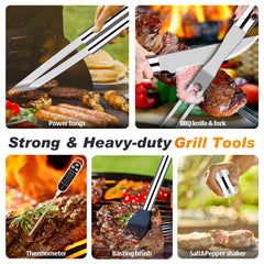 ROMANTICIST tongs flipping steaks on grill showing controlled cooking benefit