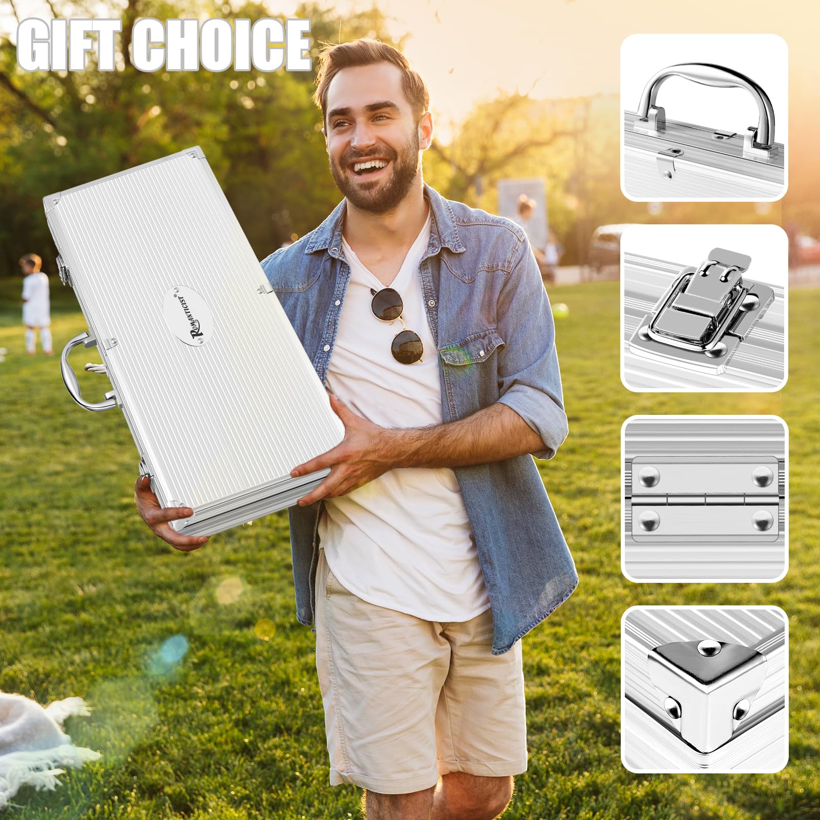 ROMANTICIST set next to hand for scale showing portable case convenience