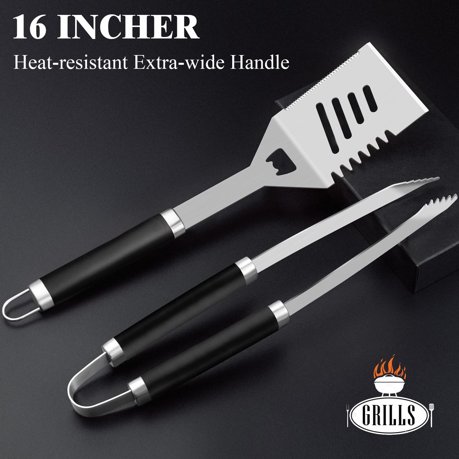 ROMANTICIST close-up of stainless steel spatula and tongs highlighting durable construction