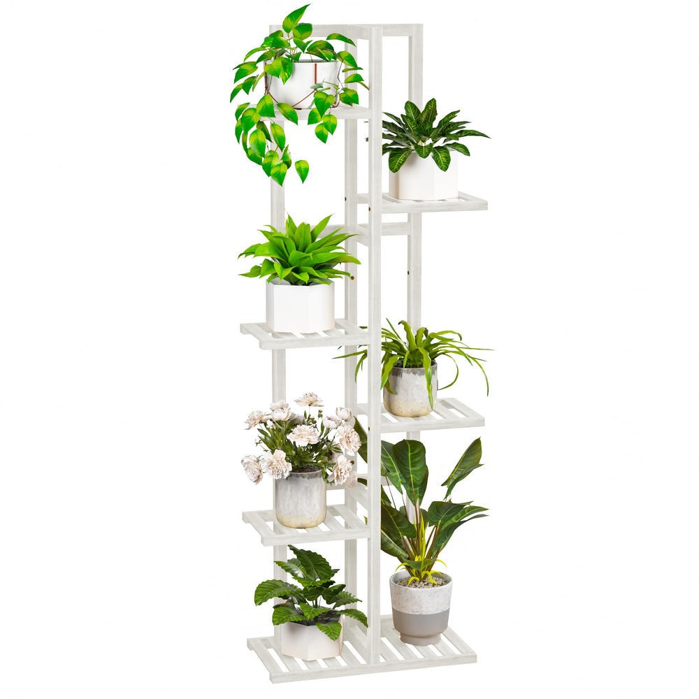 ROMGUAR CRAFT front view of white bamboo stand showcasing neat plant display