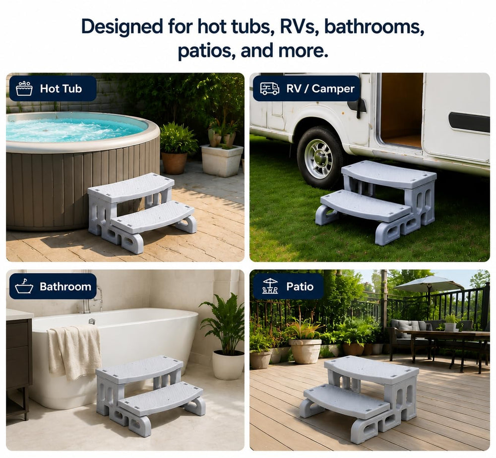 ROMIVO steps beside an RV demonstrating portability and versatile use benefit