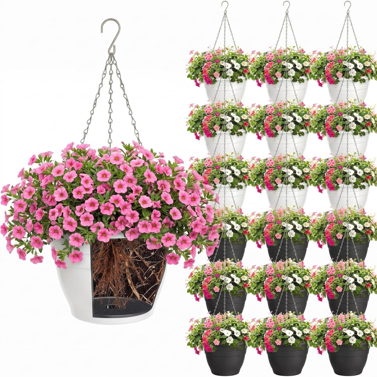Romooa front view of 20 hanging planters showing ready-to-hang set and neat storage benefit