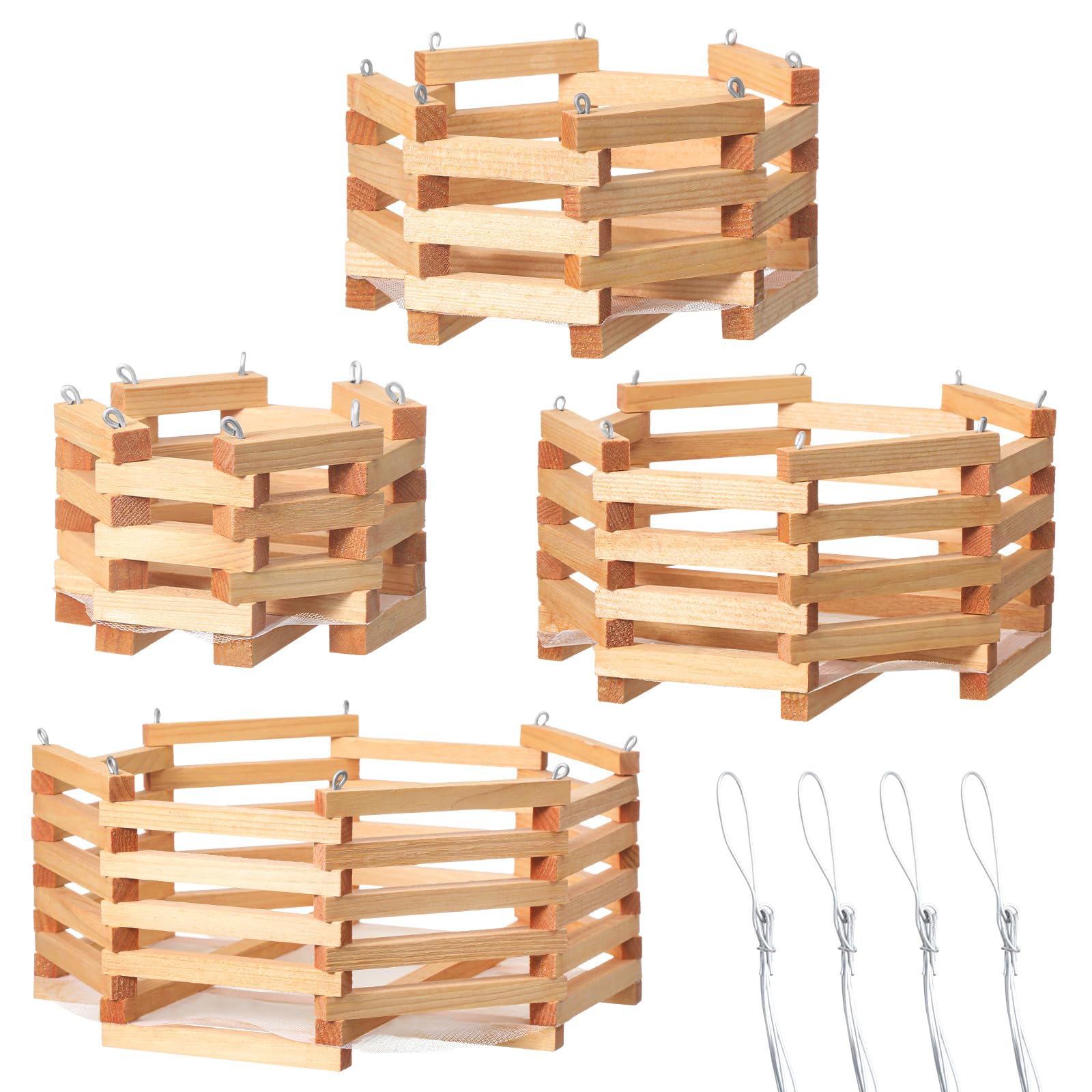Romooa front view of four wooden orchid baskets showing rustic finish and display benefit