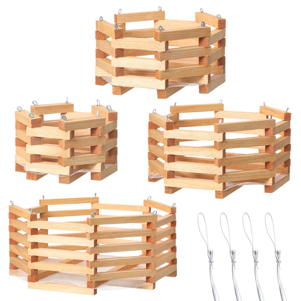 Romooa front view of four wooden orchid baskets showing rustic finish and display benefit