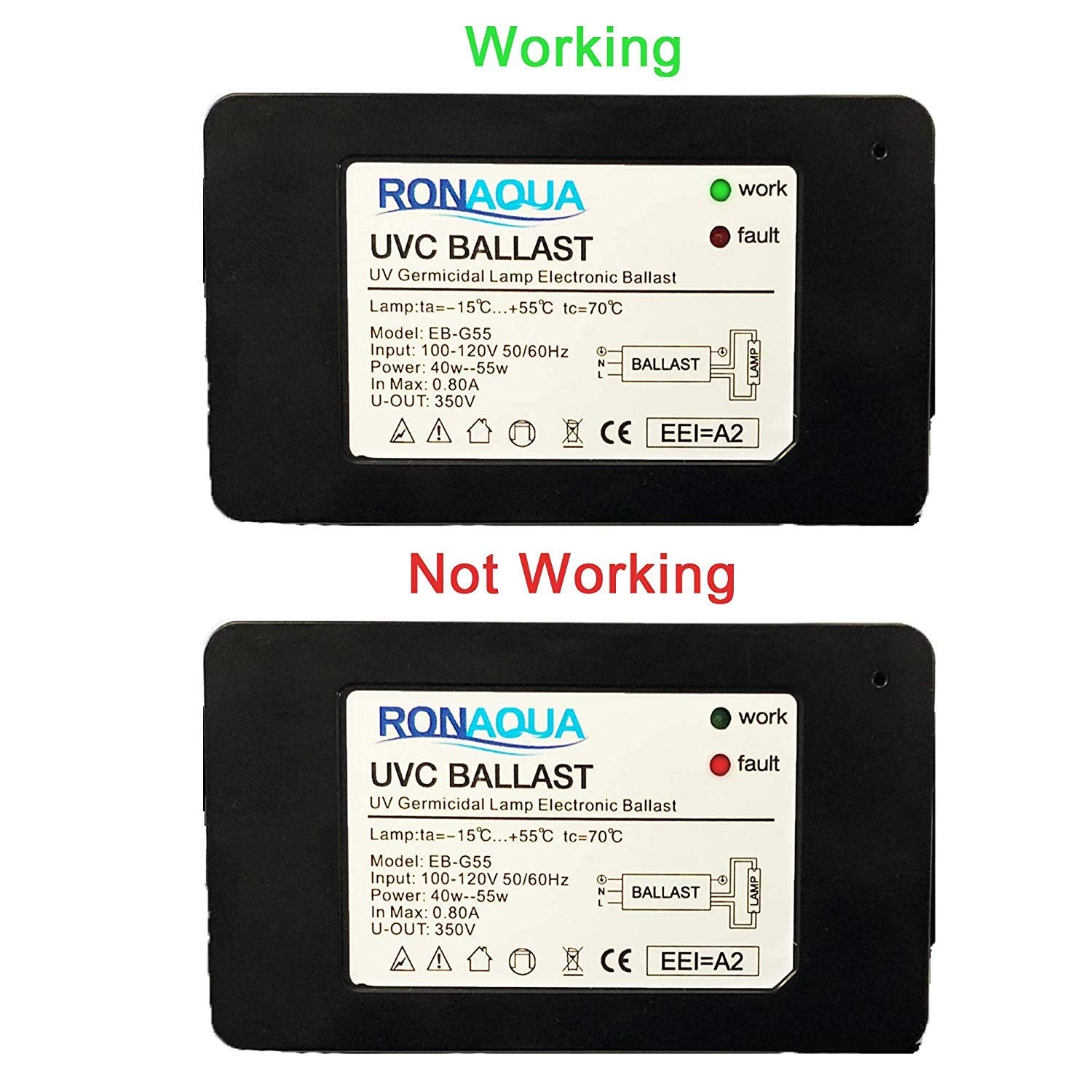 Ronaqua ballast product label with electrical specs for correct compatibility