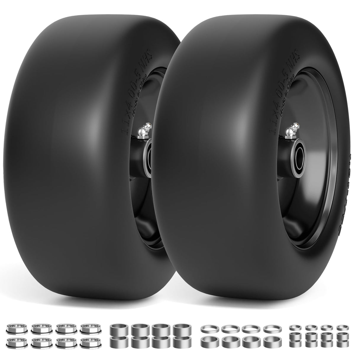 RONPOW front view of 11x4.00-5 wheel assembly showing solid tire and rim for reliable mowing