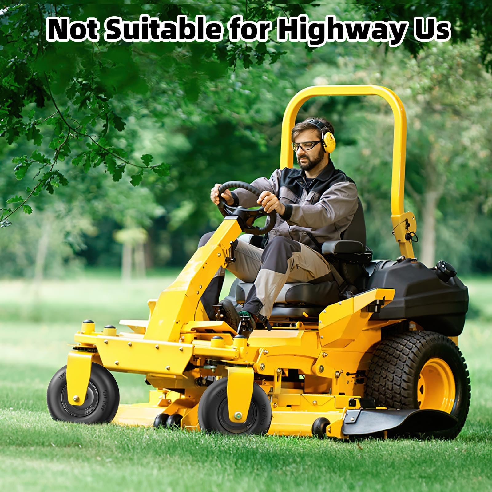 RONPOW lifestyle shot of mower in yard with wheel visible, conveying smooth mowing performance
