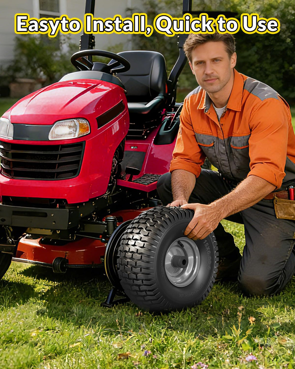 RONPOW tire next to ruler showing scale and proper sizing for lawn tractors