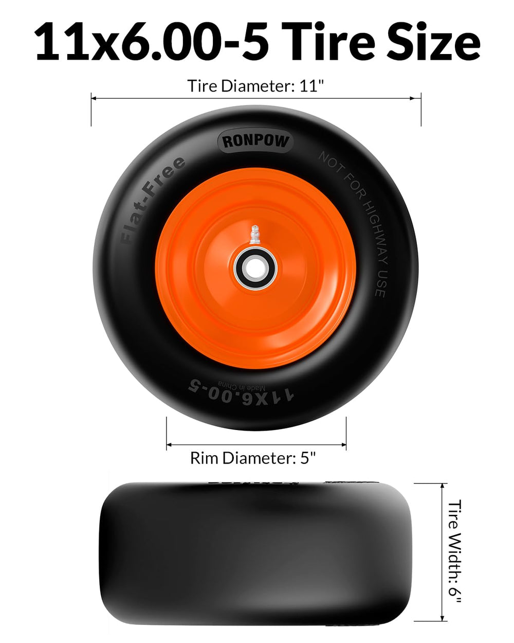 RONPOW side profile of 11x6.00-5 tire highlighting solid polyurethane strength