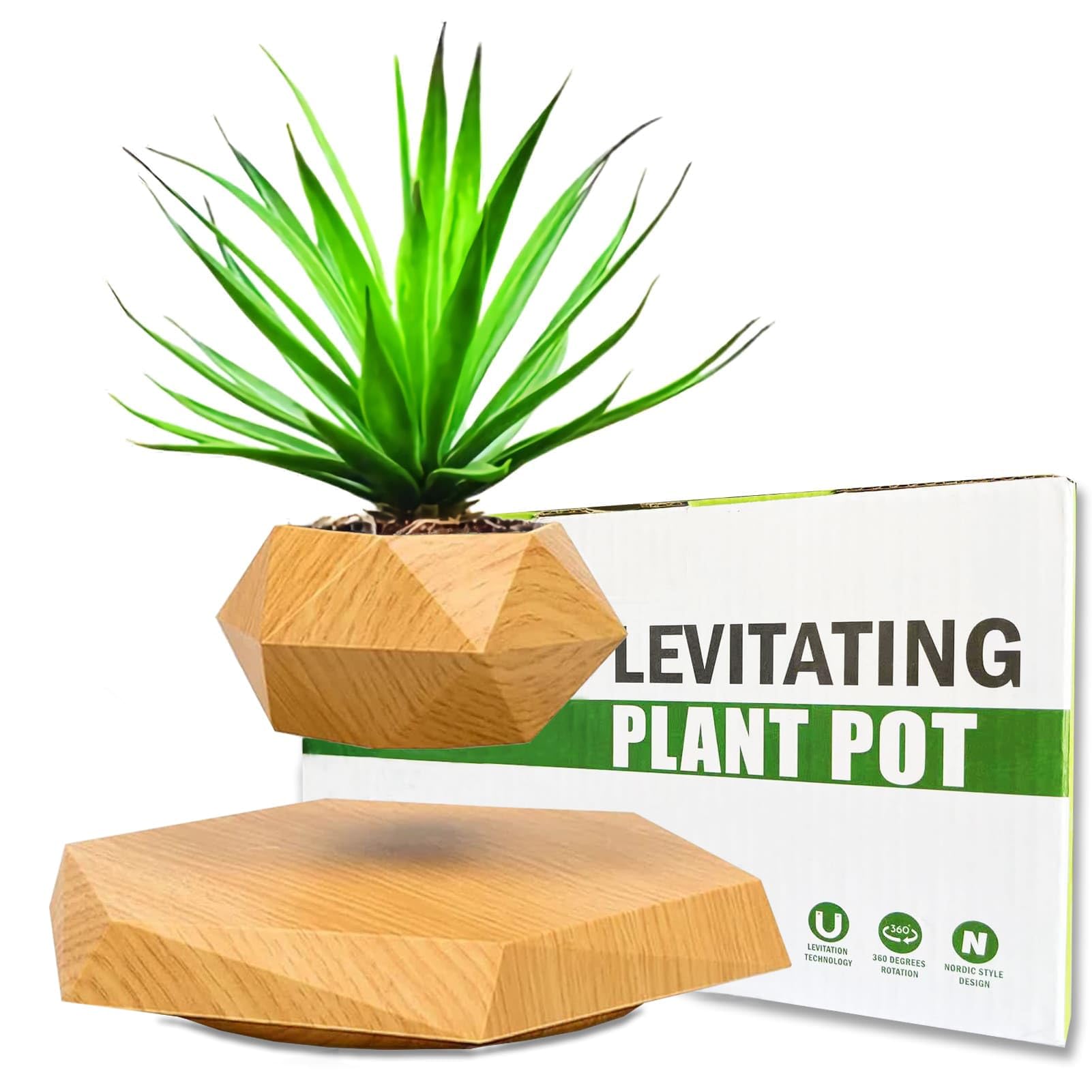 Ronsoile front view showing wooden levitating planter and sleek base, modern decor benefit