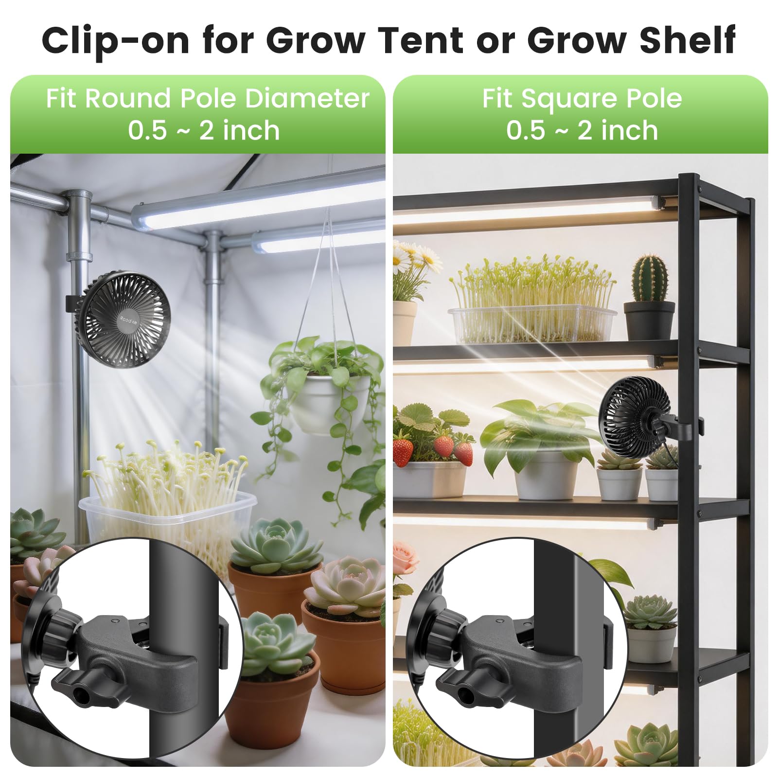 Roodike adjustable ball joint angled to direct airflow where plants need it benefit