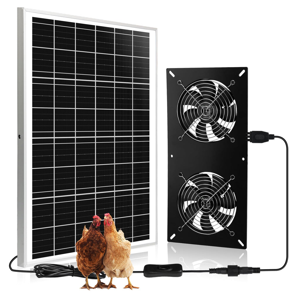 Roodike front view of kit showing panel and two fans, durable outdoor ventilation