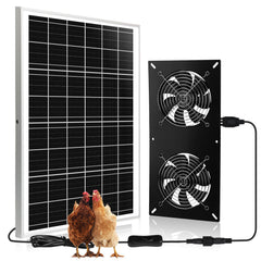 Roodike front view of kit showing panel and two fans, durable outdoor ventilation