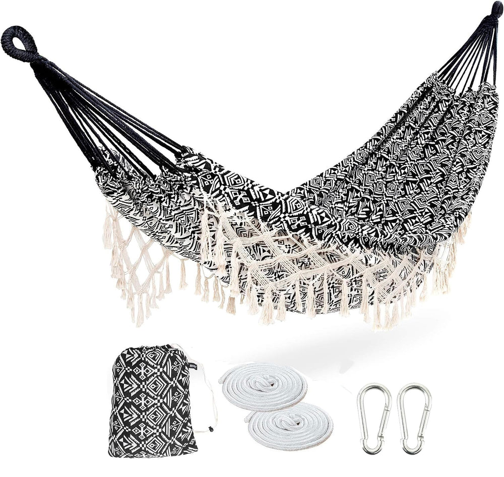 ROOITY front view of hammock spread showing roomy two-person bed and tassels