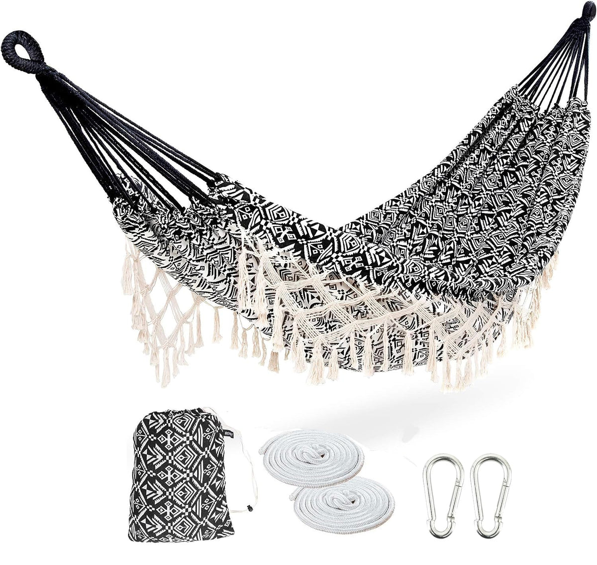 ROOITY front view of hammock spread showing roomy two-person bed and tassels