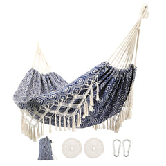 ROOITY front view of blue‑diamond hammock showing full bed and fringe for decorative comfort