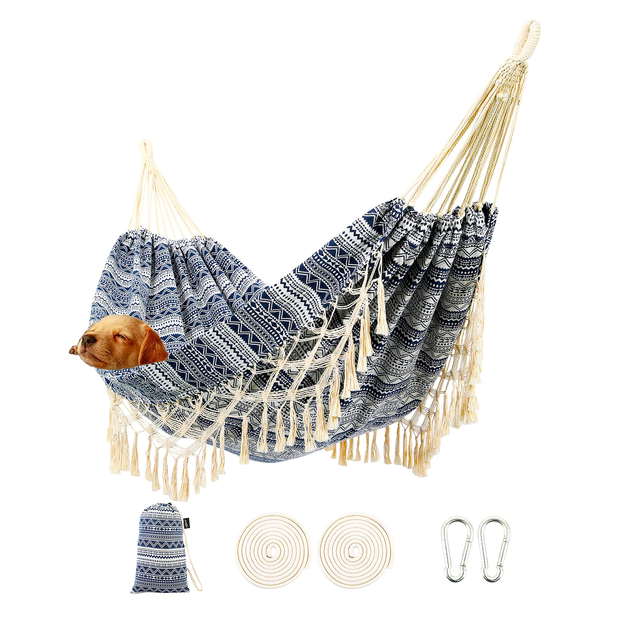 ROOITY front view of blue-white hammock showing full spread and inviting design