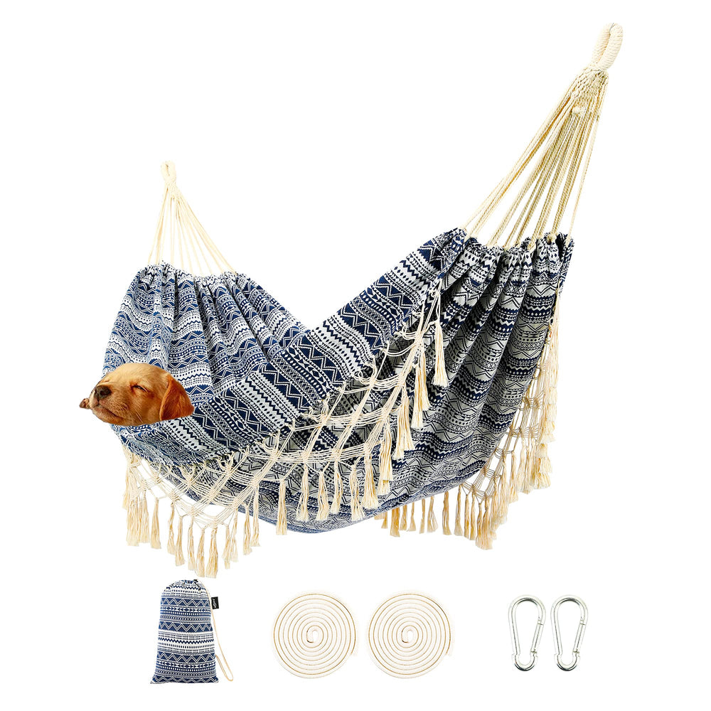 ROOITY front view of blue-white hammock showing full spread and inviting design