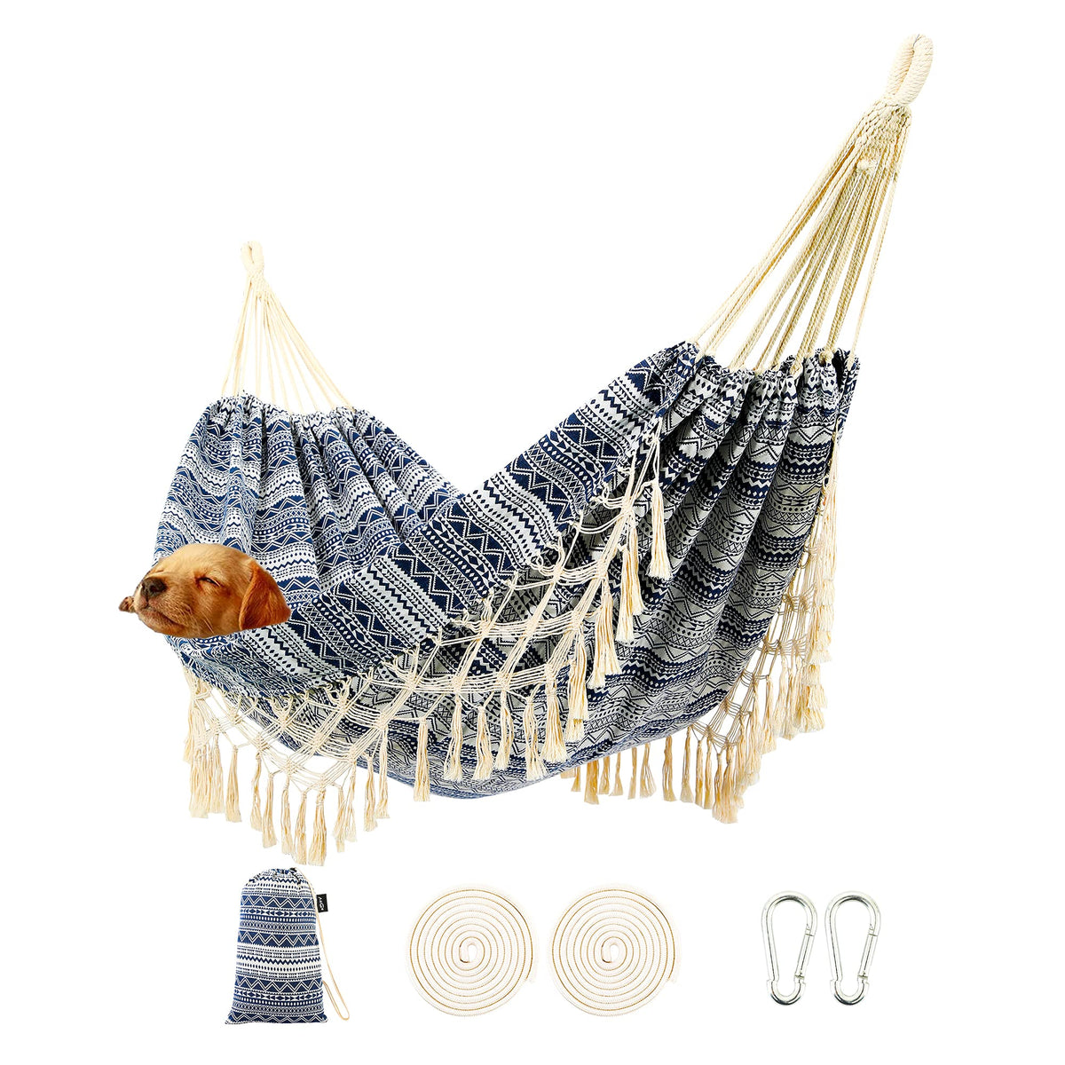 ROOITY front view of blue-white hammock showing full spread and inviting design
