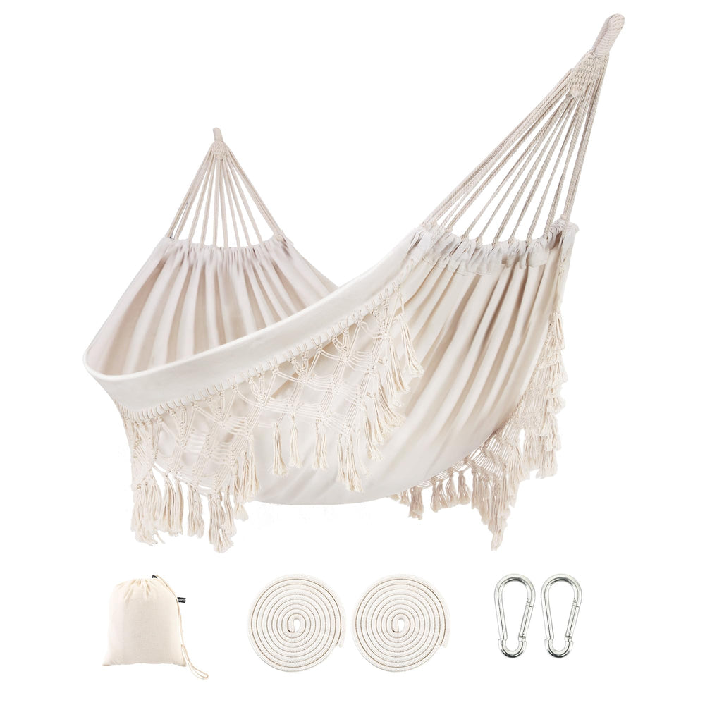 ROOITY front view of white double hammock showing full boho fringe and bed, inviting comfort