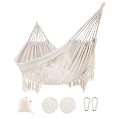 ROOITY front view of white double hammock showing full boho fringe and bed, inviting comfort