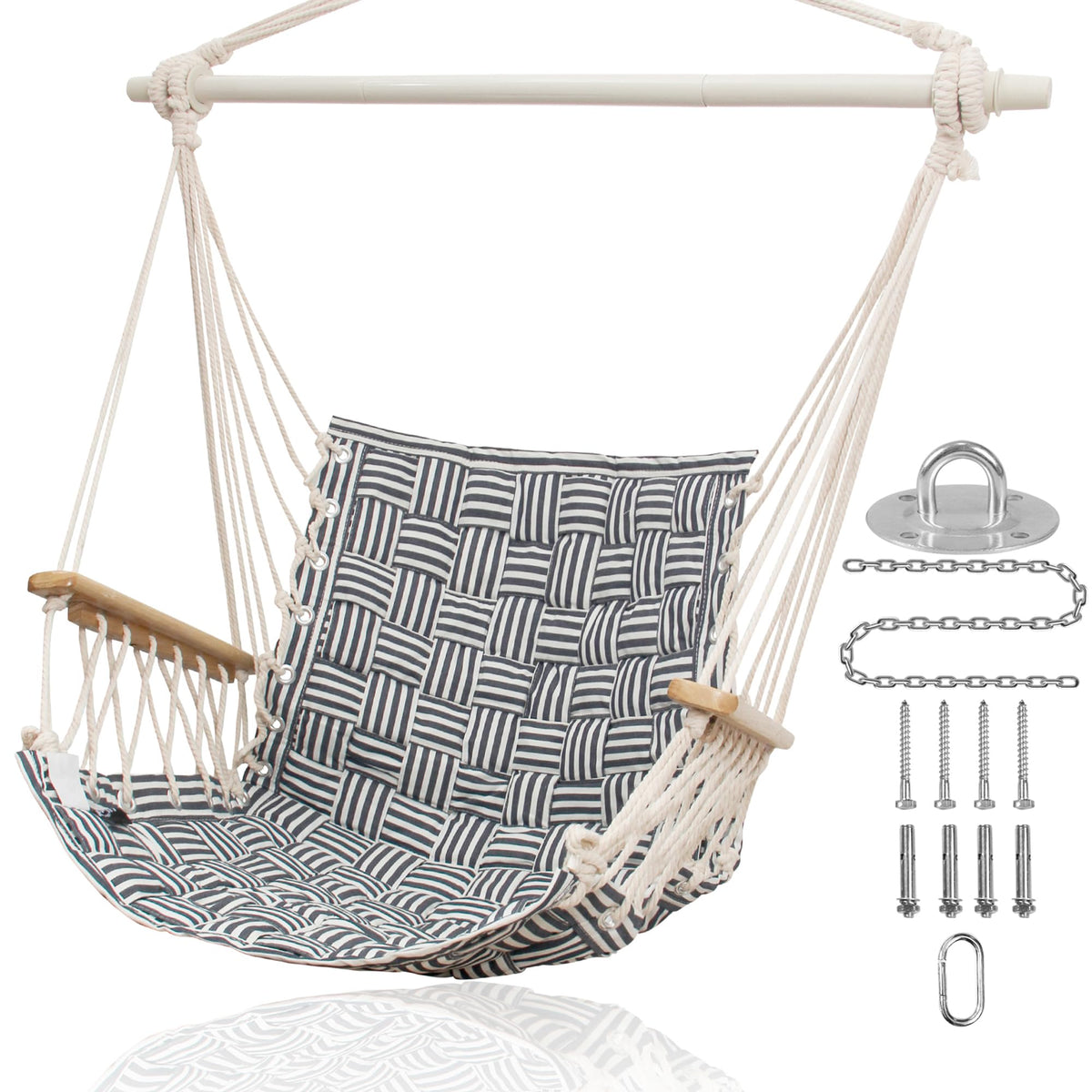 ROOITY front view of midnight blue stripe hammock chair showing design and comfort