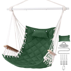 ROOITY front view of green hammock chair showing full seat and spreader bar comfort