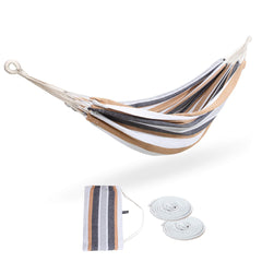 ROOITY hammock front view showcasing brown and grey stripe for stylish comfort