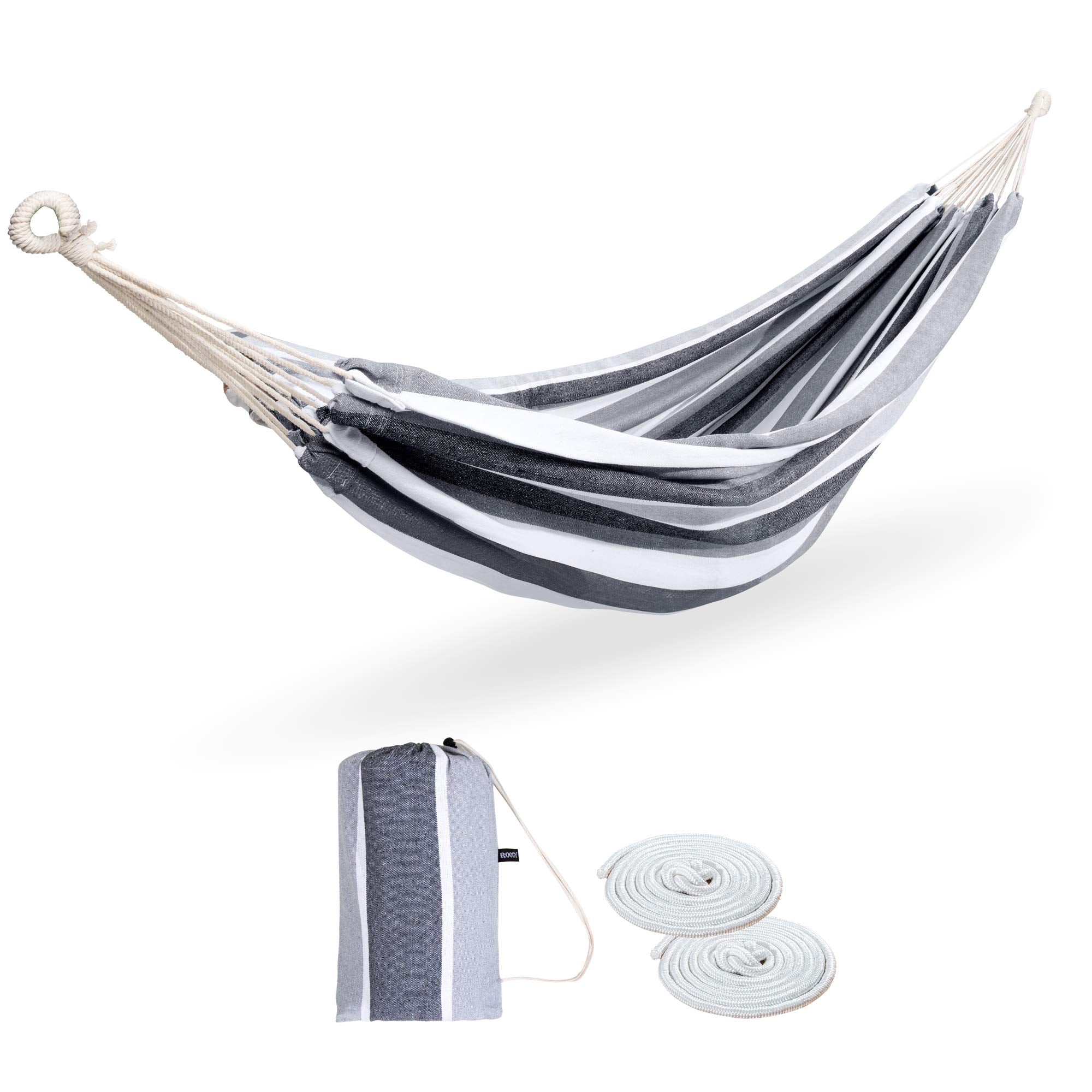 ROOITY front view of grey and white striped hammock showing full bed for two