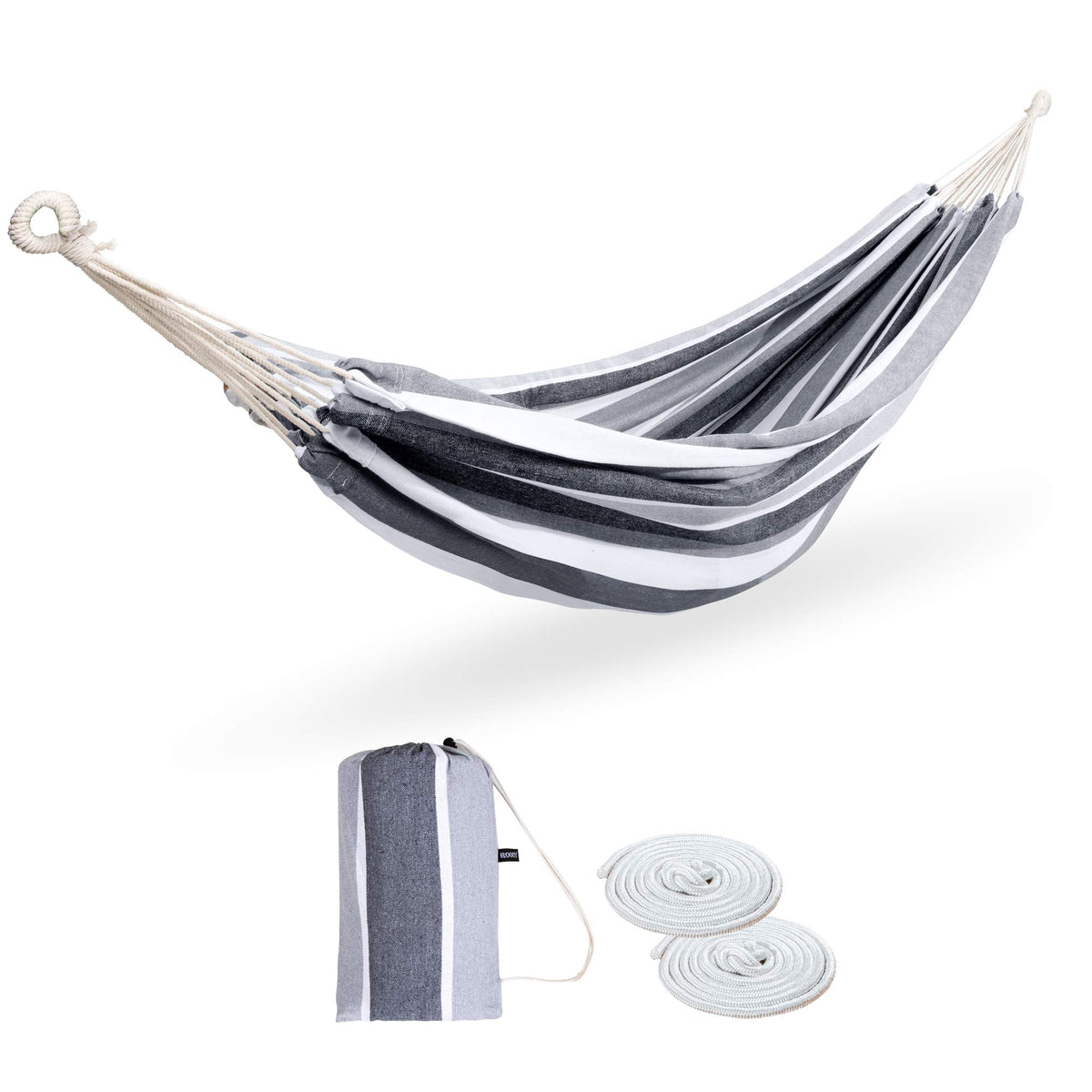 ROOITY front view of grey and white striped hammock showing full bed for two