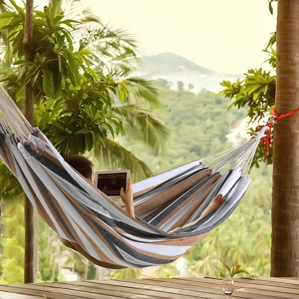 ROOITY hammock hung between trees demonstrating length and real-world scale