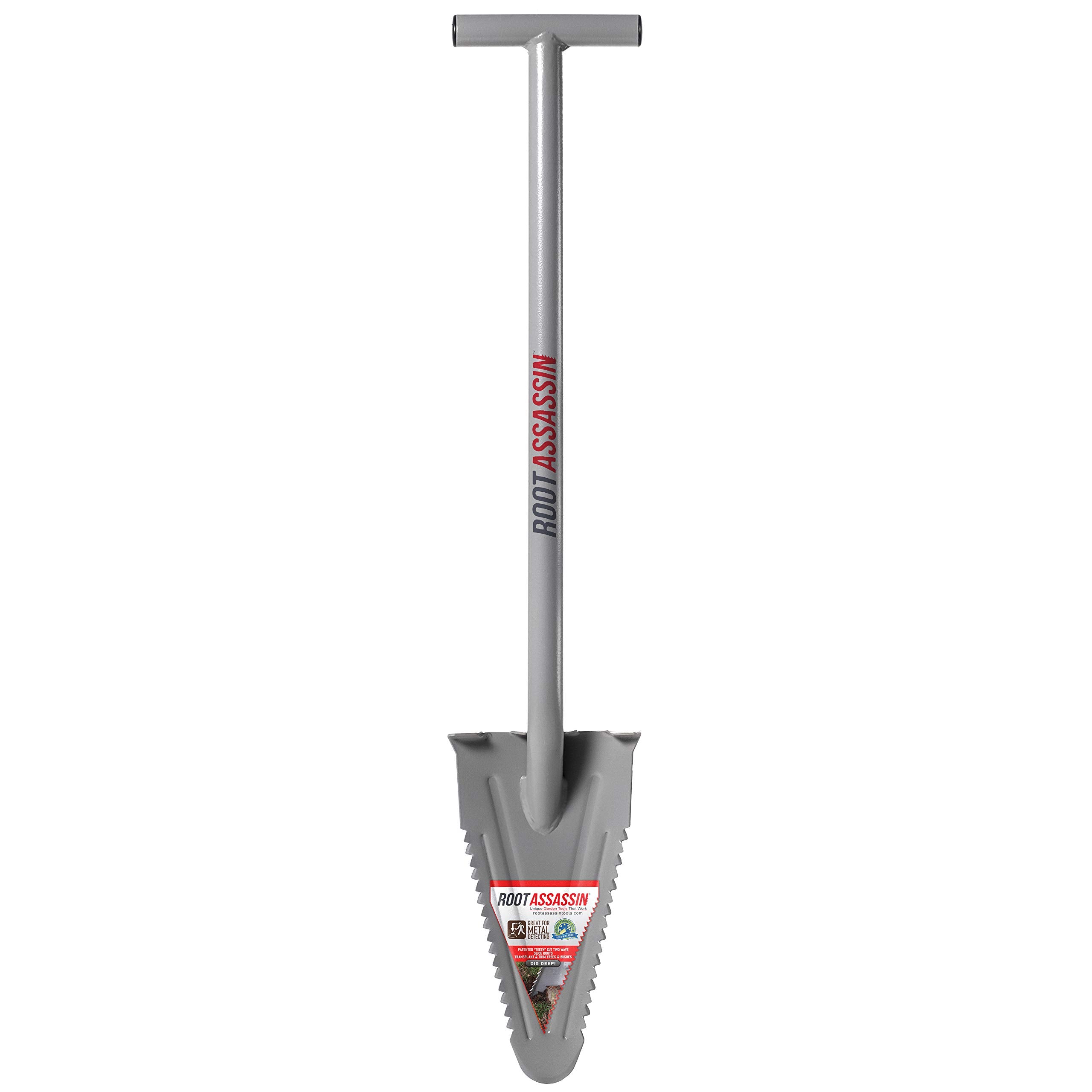 ROOT ASSASSIN front view showing compact shovel and rugged profile for portability