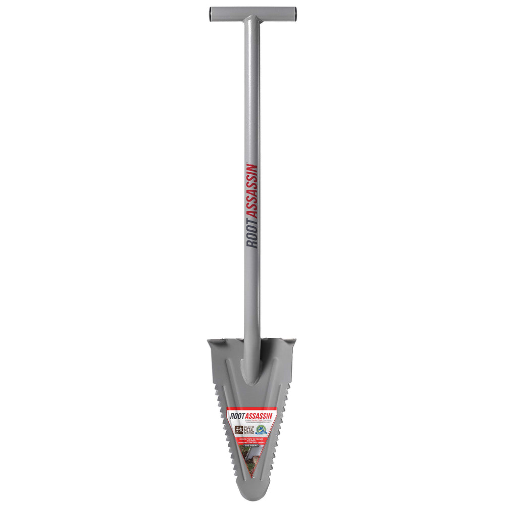 ROOT ASSASSIN front view showing compact shovel and rugged profile for portability
