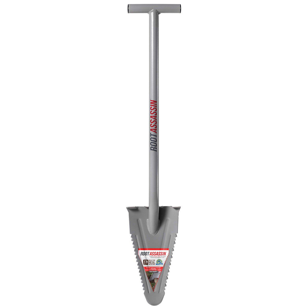 ROOT ASSASSIN front view showing compact shovel and rugged profile for portability