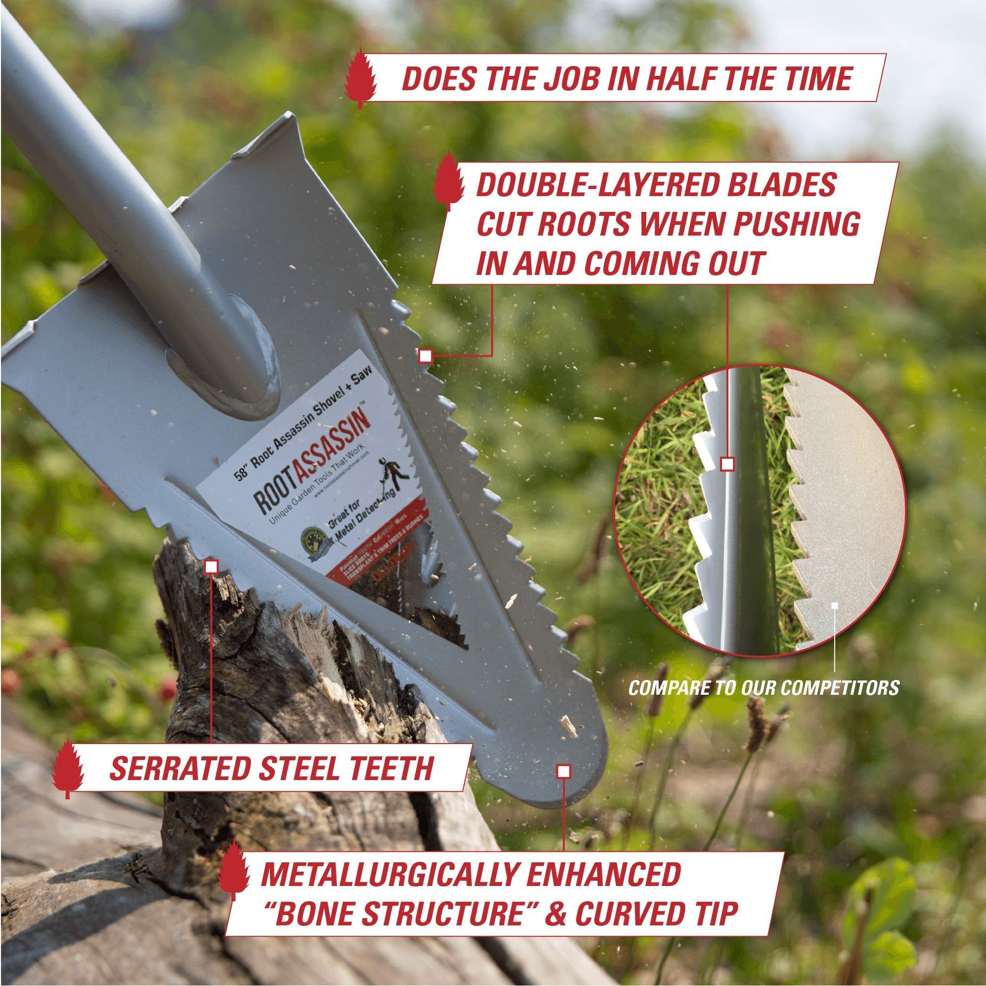 ROOT ASSASSIN next to measuring tape showing 58-inch length for extended reach