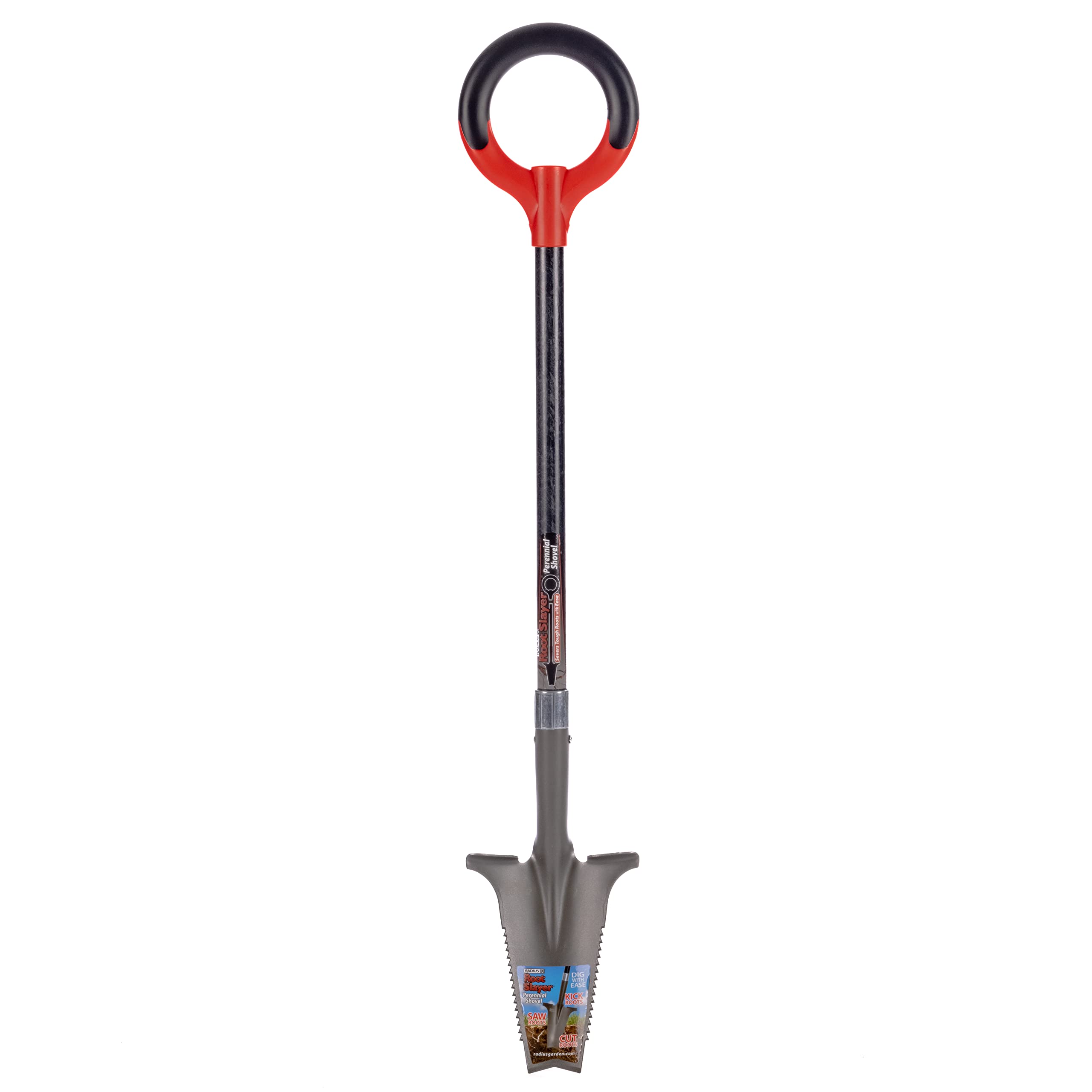 Root Slayer front view showing red perennial shovel and compact blade for precise digging