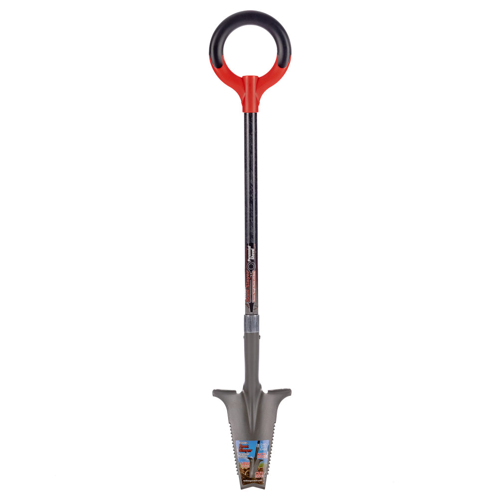 Root Slayer front view showing red perennial shovel and compact blade for precise digging