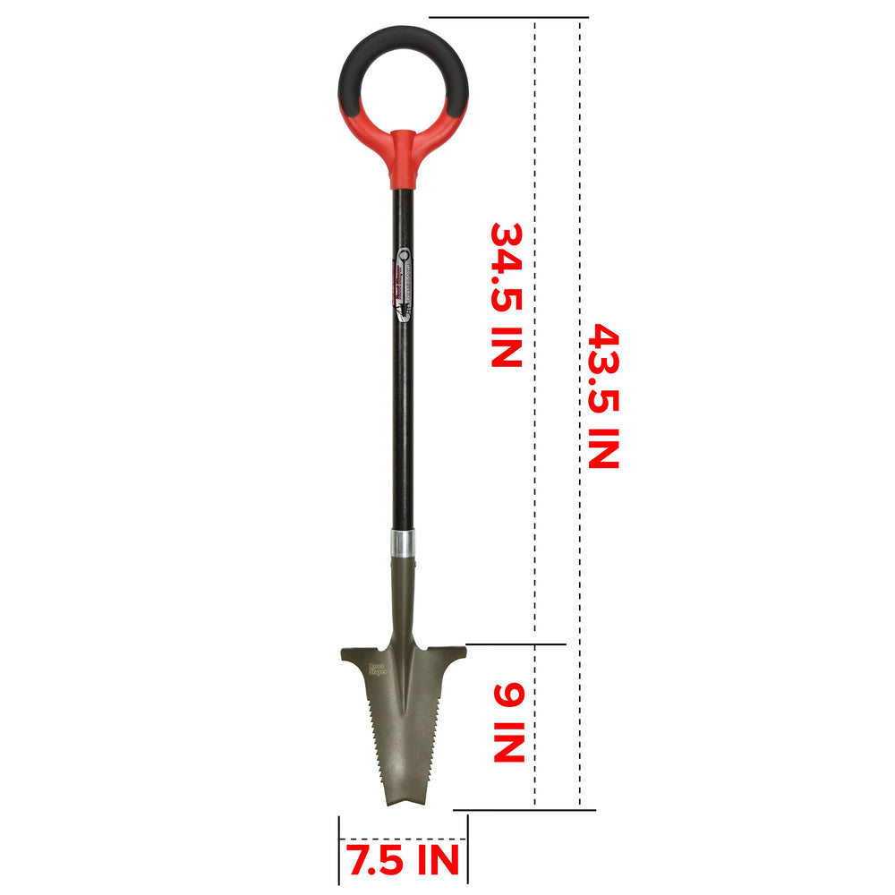 Root Slayer blade close-up with V tip and ripsaw teeth for cutting roots efficiently
