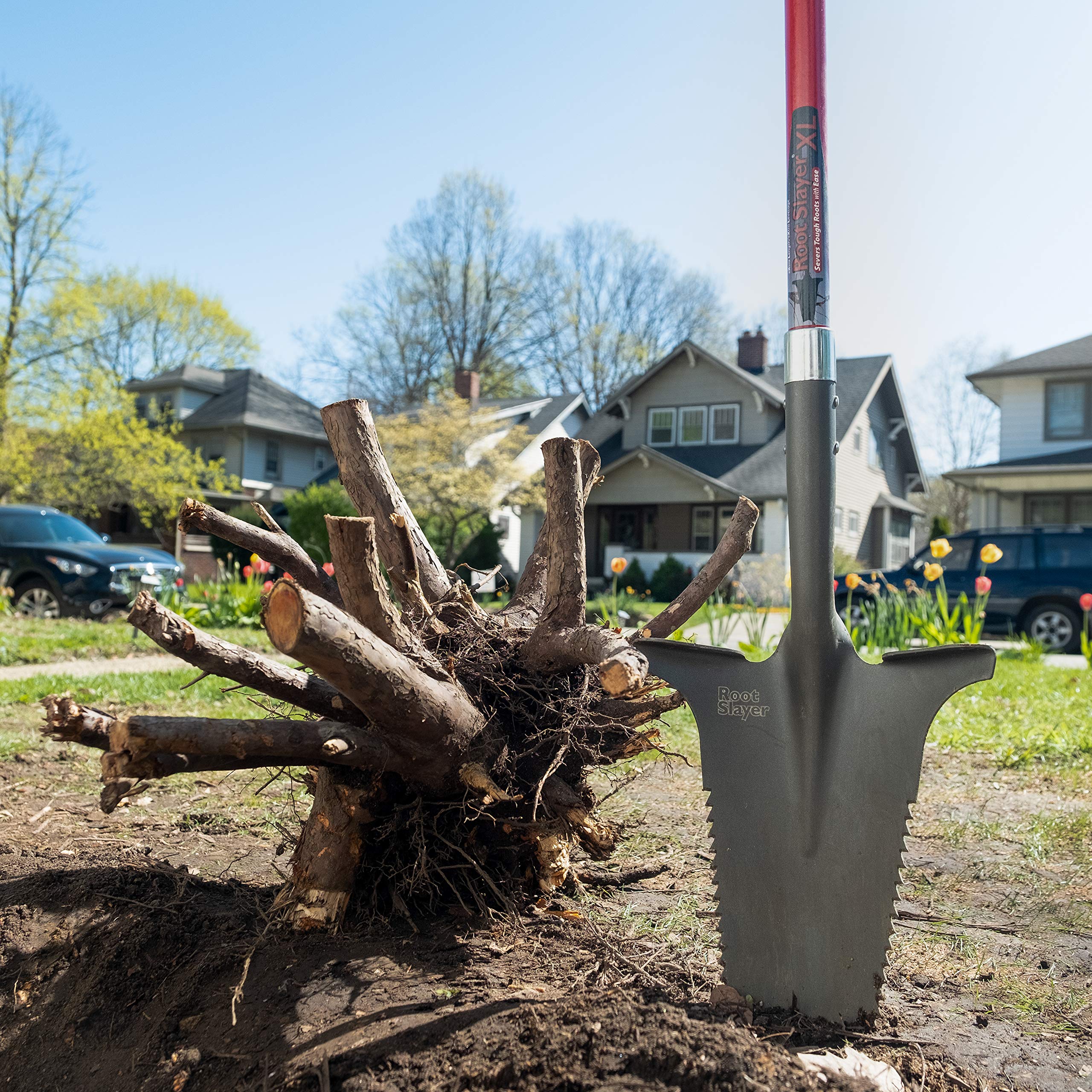 Root Slayer blade edge angle emphasizing inverted V tip for concentrated penetration