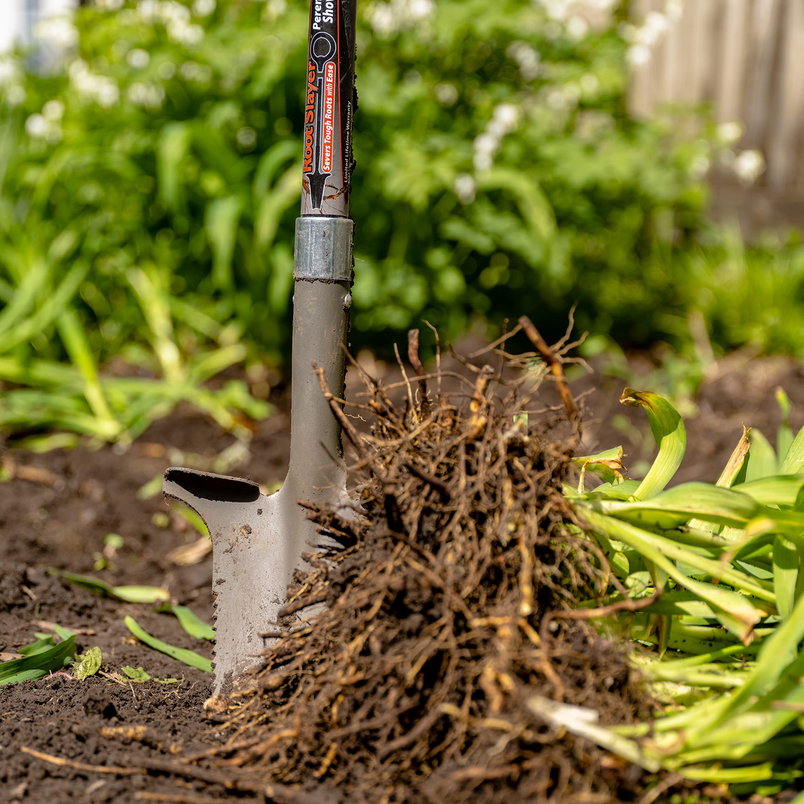 Root Slayer shovel in use transplanting a flower, improving accuracy and minimizing disturbance