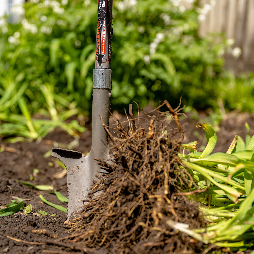 Root Slayer shovel in use transplanting a flower, improving accuracy and minimizing disturbance