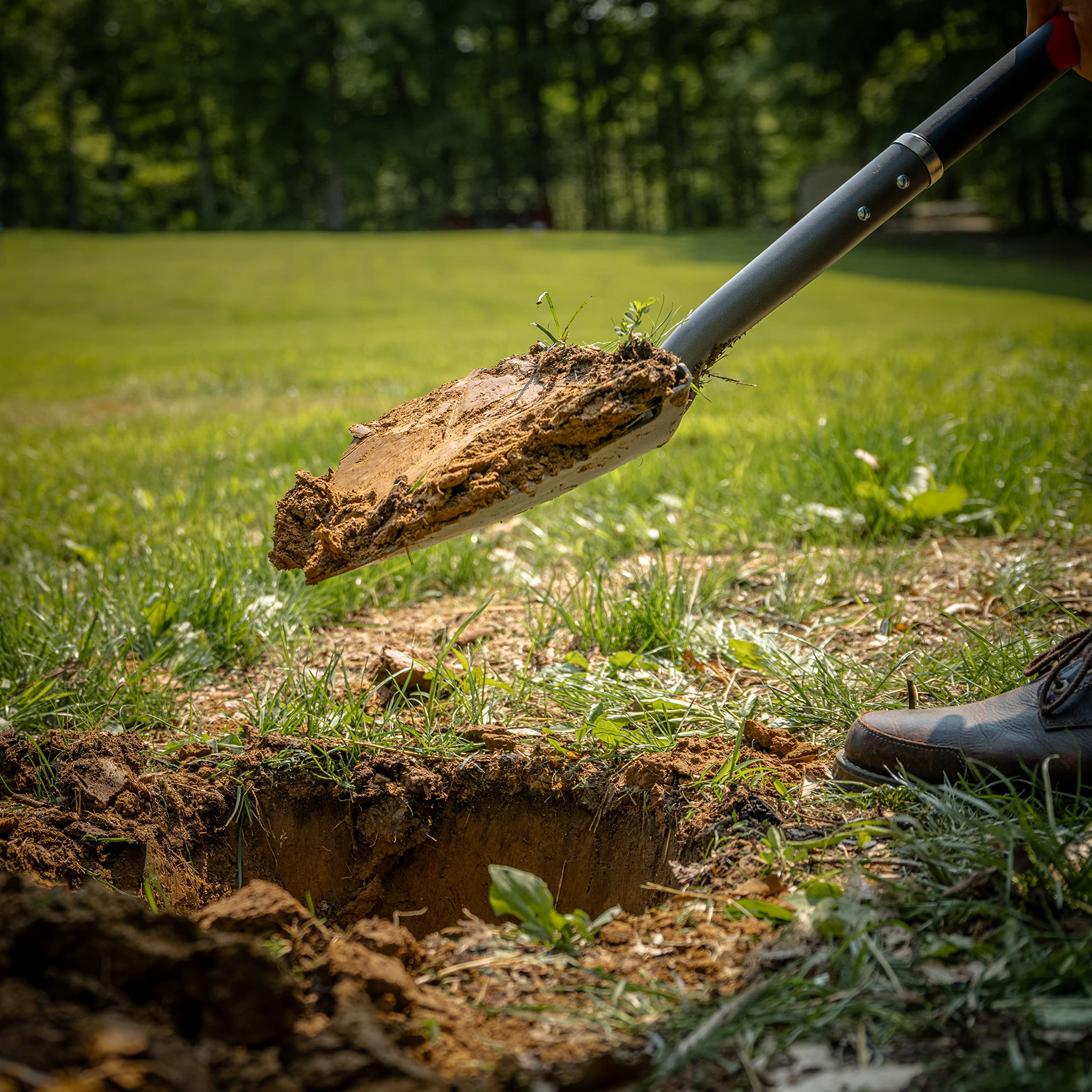 Root Slayer lifestyle gardener using shovel showing real-world task efficiency benefit