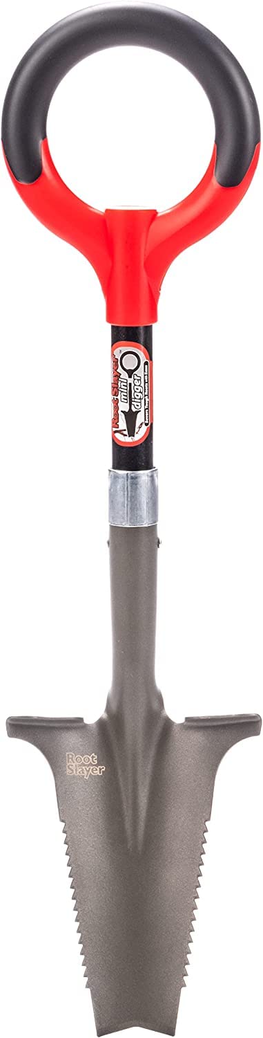 Root Slayer mini digger front view showing compact design and red finish benefits portability