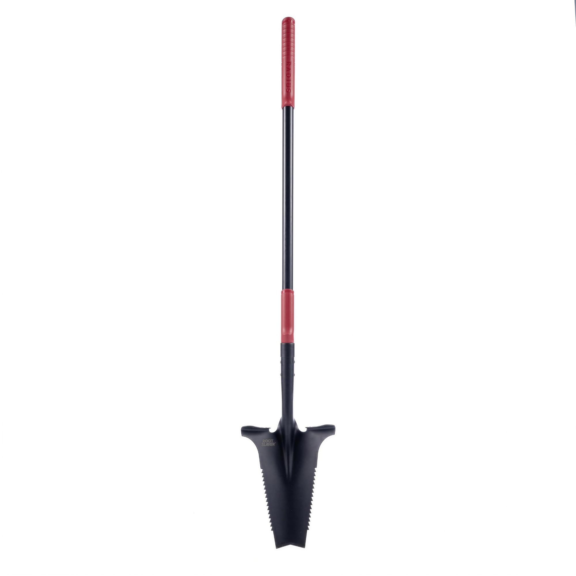 Root Slayer RS225 front view showing durable black shovel and fiberglass shaft for long-lasting use