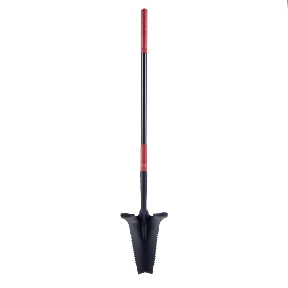 Root Slayer RS225 front view showing durable black shovel and fiberglass shaft for long-lasting use