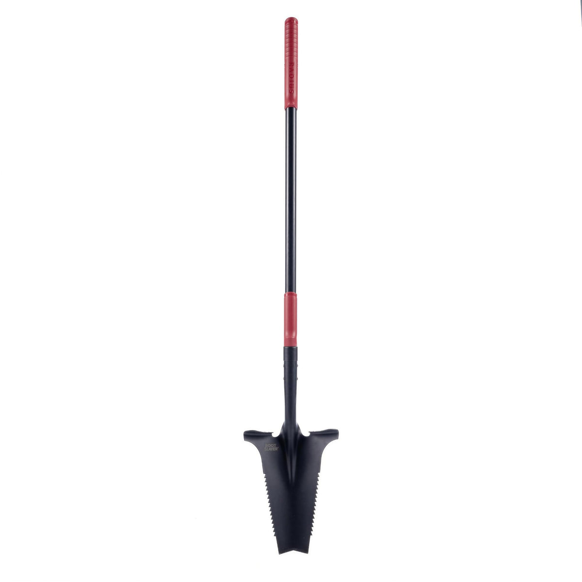 Root Slayer RS225 front view showing durable black shovel and fiberglass shaft for long-lasting use