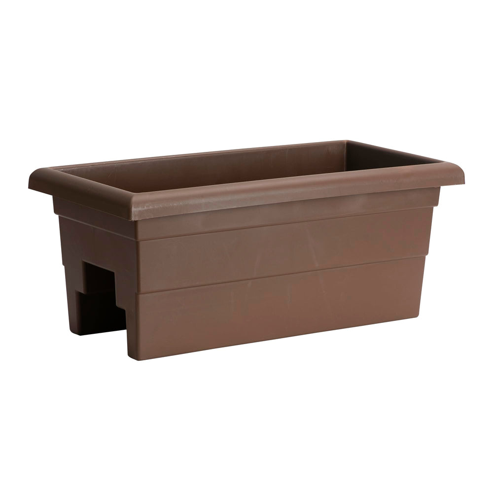 Root & Vessel front view of brown 24-inch railing planter shows neat, space-saving design and curb appeal