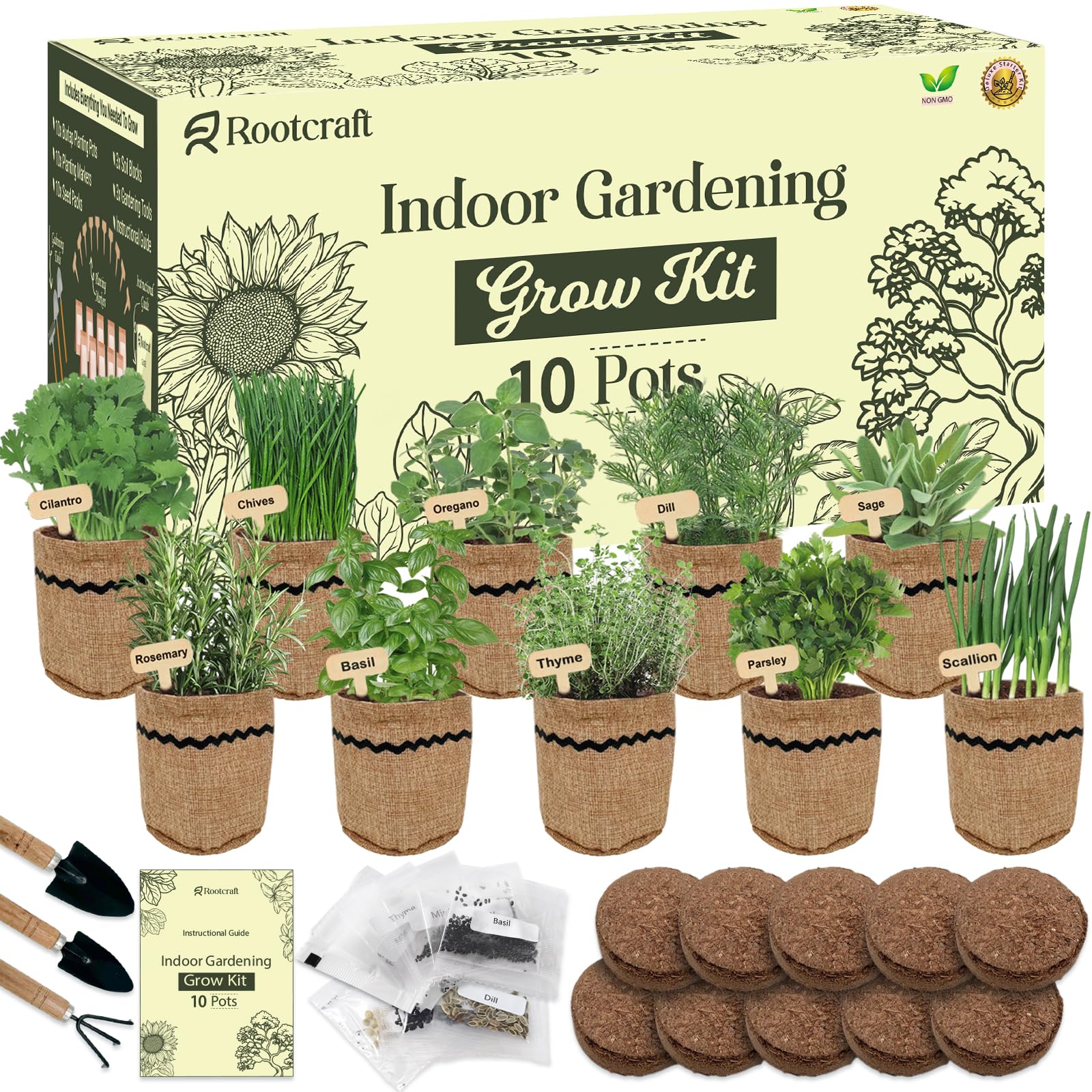 ROOTCRAFT front view of kit box and all 44 included pieces for easy setup