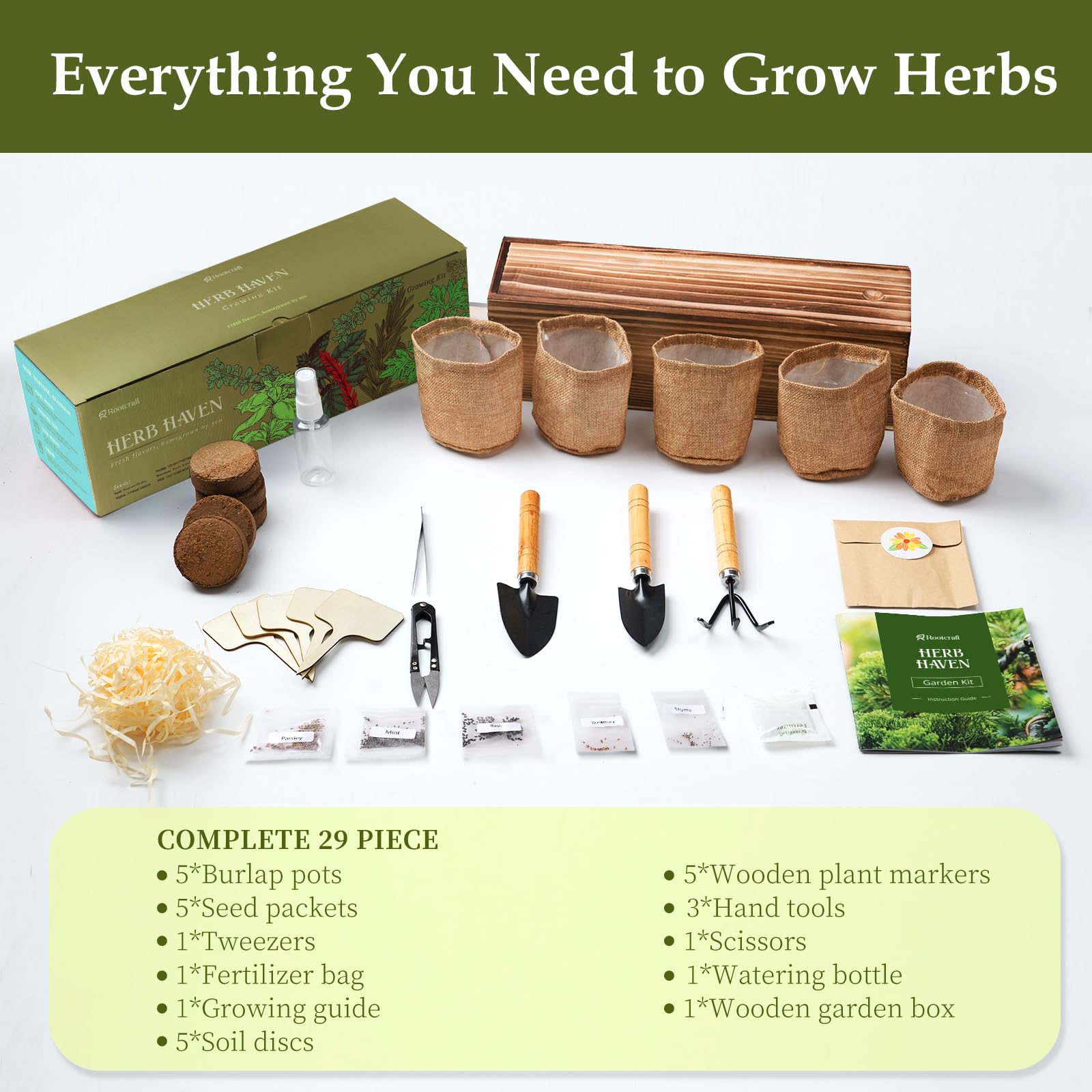 ROOTCRAFT arrangement of five burlap herb bags in box showing compact space-saving benefit